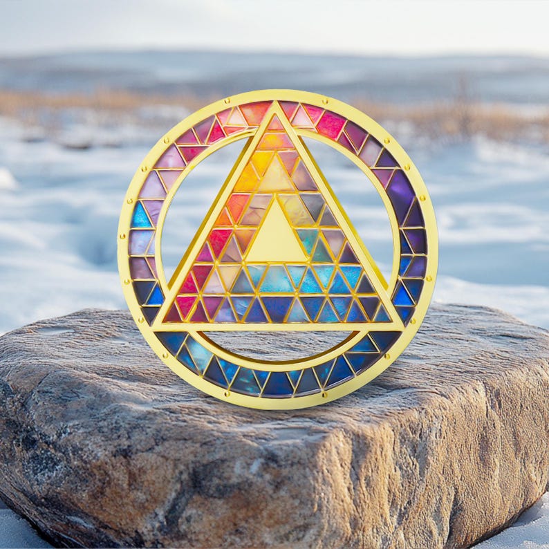 Puede incluir: Un dise&ntilde;o geom&eacute;trico dorado con un tri&aacute;ngulo dentro de un c&iacute;rculo, lleno de segmentos triangulares coloridos. El dise&ntilde;o est&aacute; sobre un fondo nevado y descansa sobre una piedra.