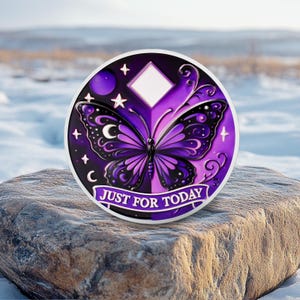 May include: A round, purple and black decorative item with a butterfly design. The butterfly has intricate wing patterns and is centered on the item. The text "JUST FOR TODAY" is on a banner at the bottom. Stars, moons, and a diamond shape are also featured.