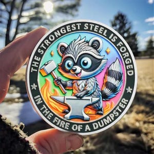 May include: A circular metal coin featuring a cartoon raccoon holding a hammer over an anvil with orange flames. The border text reads THE STRONGEST STEEL IS FORGED IN THE FIRE OF A DUMPSTER. The design uses vibrant rainbow colors and black lettering.