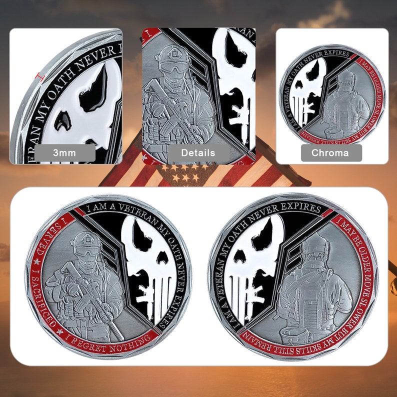 May include: A silver and black challenge coin with a skull and crossbones design. The coin features the text "I am a Veteran My Oath Never Expires" and "I may be older move slower but my skills still remain".
