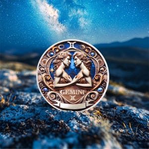 May include: A round, bronze-colored Gemini zodiac coin featuring two figures facing each other, with the word "GEMINI" below. The coin has a detailed, ornate design with blue accents, set against a blurred background of a starry night sky and mountains.