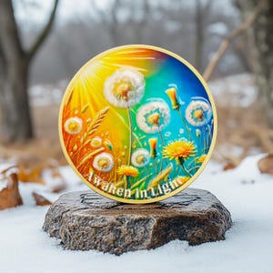 Puede incluir: Una obra de arte circular con borde dorado, que representa dientes de león y el texto "Awaken in Light". El diseño utiliza colores amarillo, azul y verde. La obra está colocada sobre una piedra en un entorno nevado.