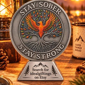 May include: A circular silver-toned medallion featuring a relief of a phoenix rising from a tree with colorful leaves. The text STAY SOBER and STAY STRONG is embossed on the border. The base displays the text Search for idealgiftings on Etsy.