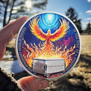 Puede incluir: Una moneda redonda de plata con un fénix que surge de un contenedor de basura en llamas. La moneda tiene el texto "The strongest steel is forged in the fire of a dumpster" alrededor del borde.