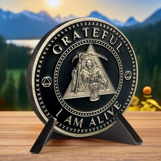 Medaglione Sobrietà 5 Anni Con Teschio - Grateful I'm Alive - Moneta AA Con Preghiera Della Serenità - Regalo Recupero