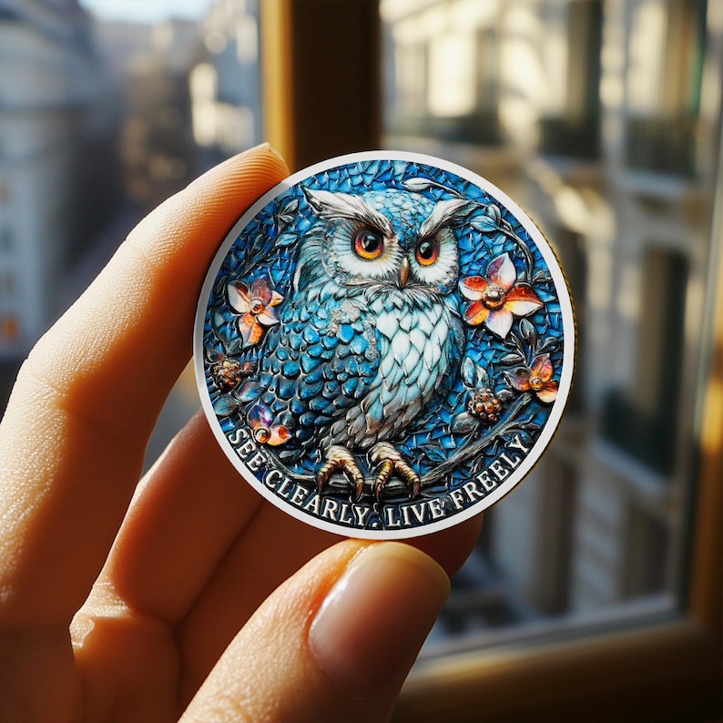 May include: A round, wooden owl-themed decorative piece. The owl is depicted with blue and white feathers, orange eyes, and is surrounded by flowers. The text "SEE CLEARLY, LIVE FREELY" is inscribed around the edge.