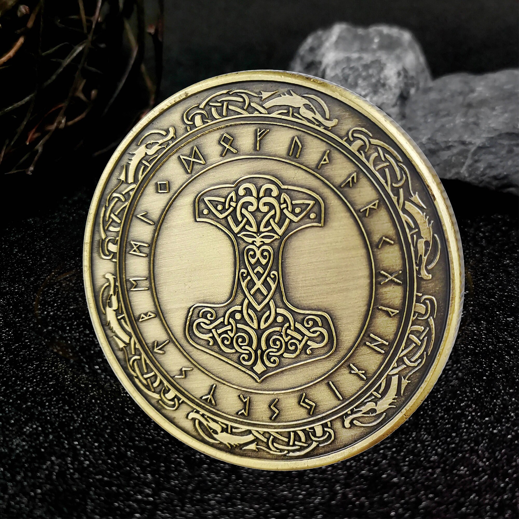 Thor's Hammer Challenge Coin - Viking Mjölnir Token With Runes & Fenrir ...