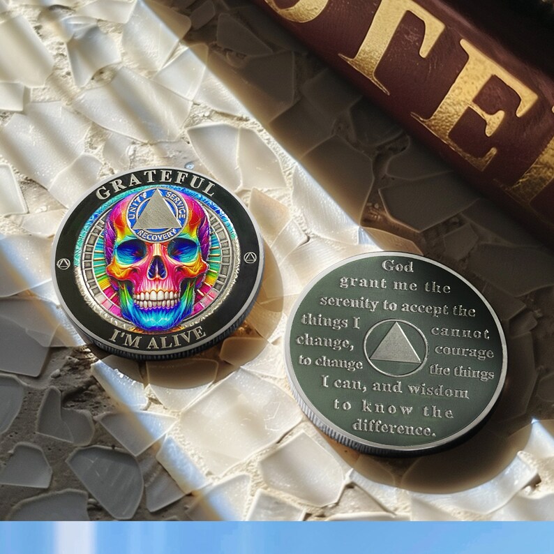 1-40 Jahre Nüchterne AA-Münze - Regenbogen-Totenkopf-Nüchternheitsmünze - Serenity-Gebets-Recovery-Chip-Sammlung und nüchterne Geschenke für Sie / Ihn Bild 6