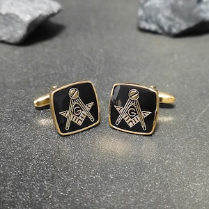 Masonic Square & Compass Cufflinks - Freemason Cufflinks Freemasonry Cuff Links Gold Black 3D Engrave Jewelry