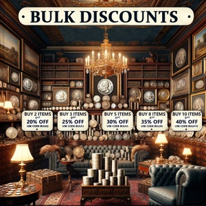 Op de afbeelding: Een kamer in vintage stijl met een kroonluchter en stapels zilveren munten. De kamer heeft een bank en twee stoelen. Er zijn vijf borden met tekst die luidt: "KOOP 2 ITEMS krijg 20% KORTING GEBRUIK CODE BULK2", "KOOP 3 ITEMS krijg 25% KORTING GEBRUIK CODE BULK3", "KOOP 5 ITEMS krijg 30% KORTING GEBRUIK CODE BULKS", "KOOP 8 ITEMS krijg 35% KORTING GEBRUIK CODE BULKS", "KOOP 10 ITEMS krijg 40% KORTING GEBRUIK CODE BULK10".