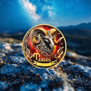 May include: A gold-colored Aries zodiac coin featuring a detailed ram's head with large curved horns. The coin has a red and orange background with the word "ARIES" on a banner. The coin is set against a blurred background of a starry night sky and rocky terrain.
