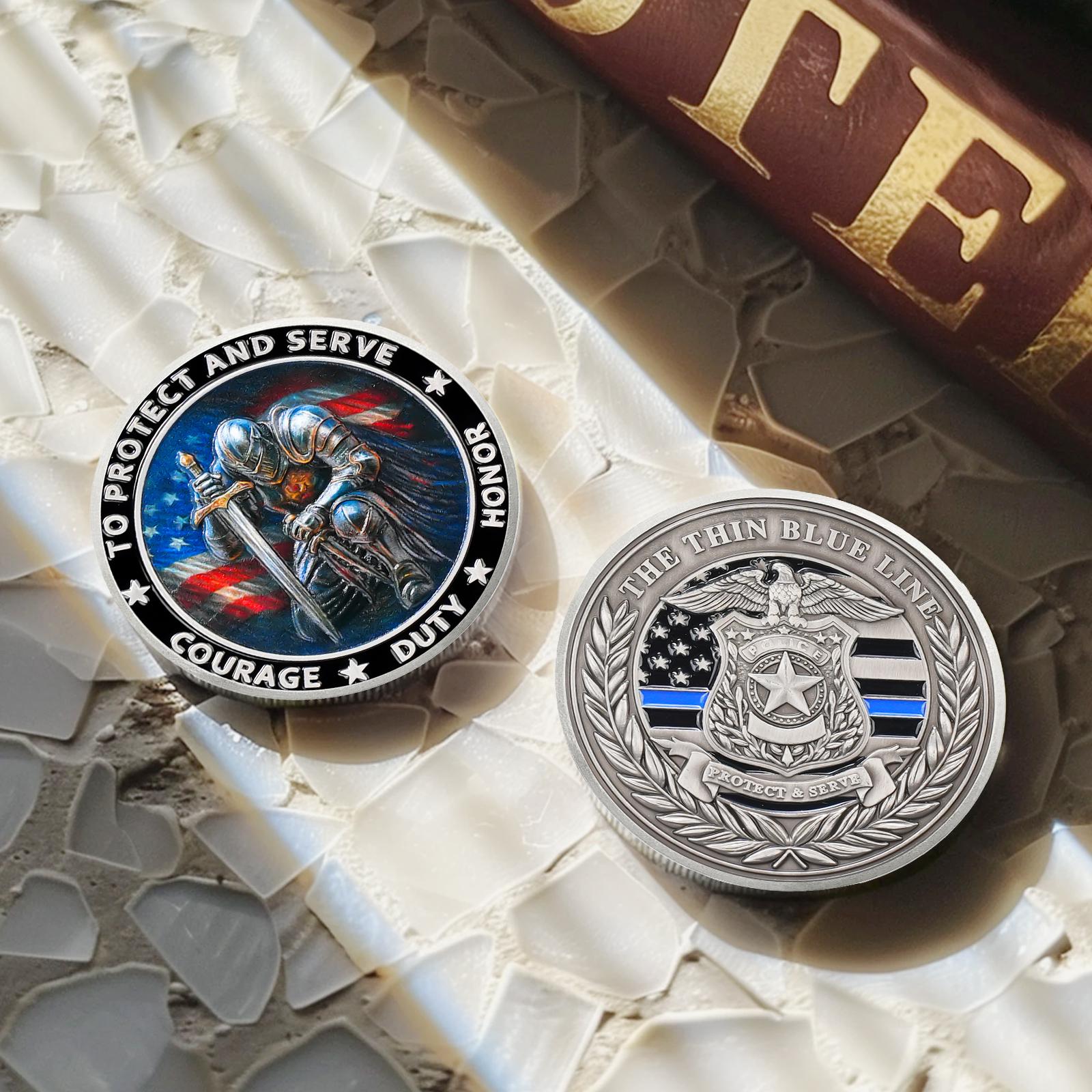 守り、奉仕するために シン・ブルー・ライン警察コイン 騎士道コイン - 勇気と義務の盾 守護騎士警察チャレンジコイン - Etsy 日本