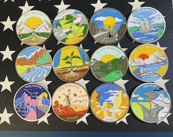 Moneda de sobriedad de 1 a 12 meses - Medallón de sobriedad con chip AA y oración en recuperación - Set de regalo de celebración mensual de 1 año de Alcohólicos Anónimos