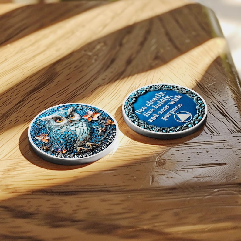 May include: Two round, decorative tokens. One features a blue owl illustration with the text "SEE CLEARLY, LIVE FREELY." The other has the text "See clearly, live boldly, and soar with purpose." Both have a silver border.