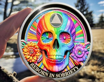 Skull AA Sobriety Coin: Colorful Floral Design, Recovery Gift