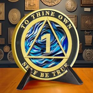 AA Sobriety Coin: Bright Blue Medallion, Serenity Prayer Gift