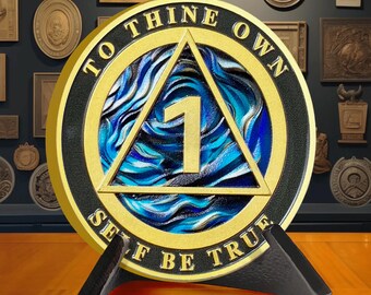 AA Sobriety Coin: Bright Blue Medallion, Serenity Prayer Gift