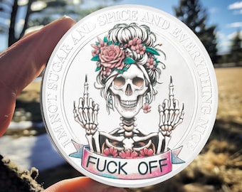 Skeleton Woman Challenge Coin: Floral Crown, Double Middle Finger