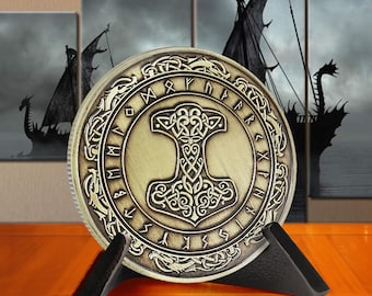 Thor's Hammer Challenge Coin - Viking Mjölnir Token with Runes & Fenrir Dragons Around - Nose Mythology Gift coin