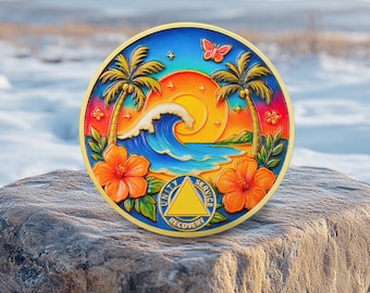 Sea and Sunrise AA Chip Customizable year chip Sobriety Coin-Daily Sober Medallions One Day at a Time Gifts for Men & Women