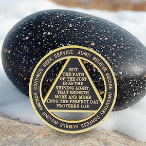 Puede incluir: Una moneda negra y dorada con el texto "BUT THE PATH OF THE JUST IS AS THE SHINING LIGHT, THAT SHINETH MORE AND MORE UNTO THE PERFECT DAY PROVERBS 4:18". La moneda est&aacute; colocada frente a una piedra negra moteada.