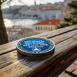 May include: A round, blue and silver coaster with the text "See clearly, live boldly, and soar with purpose." The coaster has a decorative border and a white triangle symbol. The coaster is on a wooden surface.