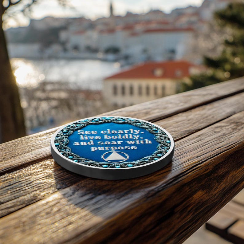 May include: A round, blue and silver coaster with the text "See clearly, live boldly, and soar with purpose." The coaster has a decorative border and a white triangle symbol. The coaster is on a wooden surface.