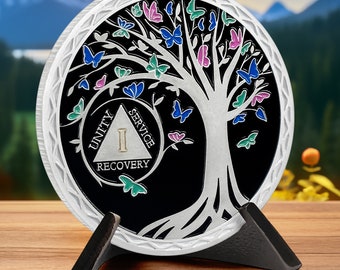 1 Year Sobriety Coin - Tree of Life AA Chip (1-40 Years) - AA Medallion and Prayer in Recovery - Alcoholics Anonymous Yearly Celebrate Gift