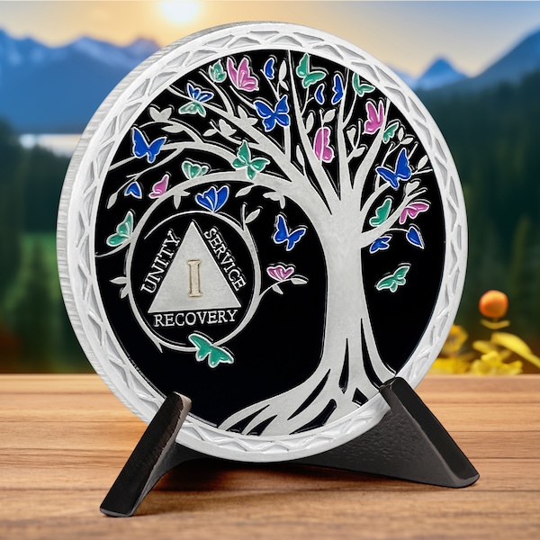 Moneda de sobriedad de 1 año - Chip AA Árbol de la Vida (1-40 años) - Medallón AA y oración en recuperación - Regalo de celebración anual de Alcohólicos Anónimos