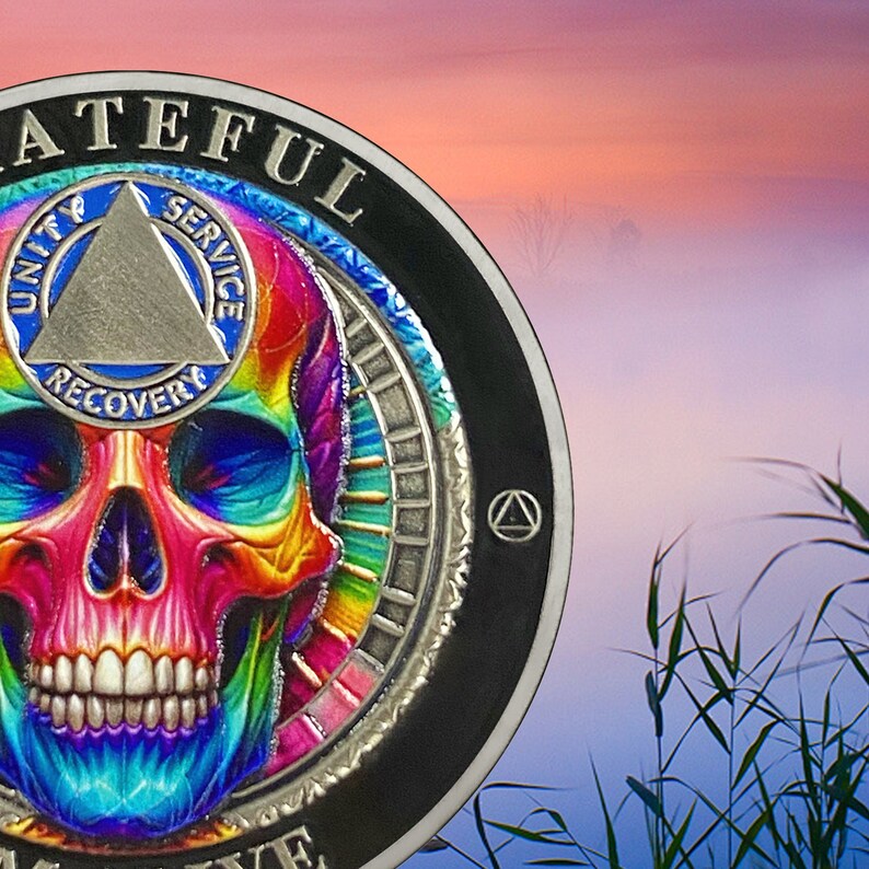 K&ouml;nnte beinhalten: Eine silberne M&uuml;nze mit schwarzem Hintergrund und einem farbenfrohen Totenkopfdesign. Die M&uuml;nze tr&auml;gt die Worte "Grateful" und "Service" sowie ein Dreieck mit den Worten "Unity", "Recovery" und "Service".