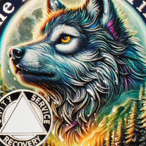 May include: A silver coin with a wolf's head design. The wolf is blue and gray with a yellow eye. The coin has a black triangle with the words "Unity", "Service", and "Recovery" around it.