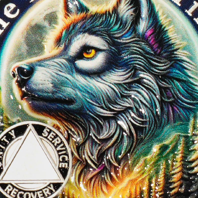 May include: A silver coin with a wolf's head design. The wolf is blue and gray with a yellow eye. The coin has a black triangle with the words "Unity", "Service", and "Recovery" around it.
