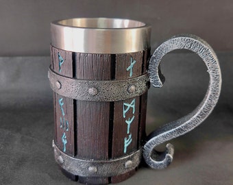 Viking Runes Beer Mug Drink Stein - Inner Stainless Steel Metal Tankard - Medieval Vintage Large Gift Mug for men