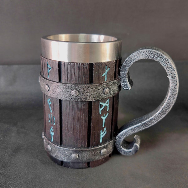 Viking Runes Beer Mug Drink Stein - Inner Stainless Steel Metal Tankard - Medieval Vintage Large Gift Mug for men