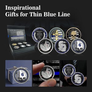 May include: A set of six silver and gold challenge coins with blue and black accents. The coins feature various designs, including a skull, a cross, and a thin blue line flag. The coins are displayed in a black box with a blue and red American flag design. The text on the coins includes "God Bless the Police", "I Fear No Evil", "God Will Judge Our Enemies", and "Brothers and Sisters".