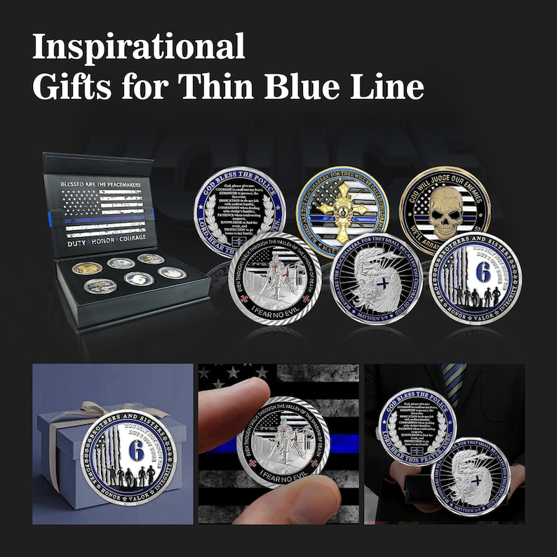 May include: A set of six silver and gold challenge coins with blue and black accents. The coins feature various designs, including a skull, a cross, and a thin blue line flag. The coins are displayed in a black box with a blue and red American flag design. The text on the coins includes "God Bless the Police", "I Fear No Evil", "God Will Judge Our Enemies", and "Brothers and Sisters".
