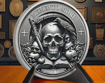 May include: A silver coin with a skull and crossbones design. The coin features the words "Memento Mori" and "Tempus Fugit" around the edge. The coin is on a black stand.