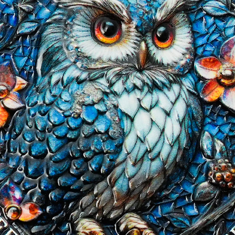 May include: Close-up of a detailed, textured owl sculpture. The owl features a blue and white color palette with orange eyes and is surrounded by floral elements. The artwork has a three-dimensional effect, with intricate details.