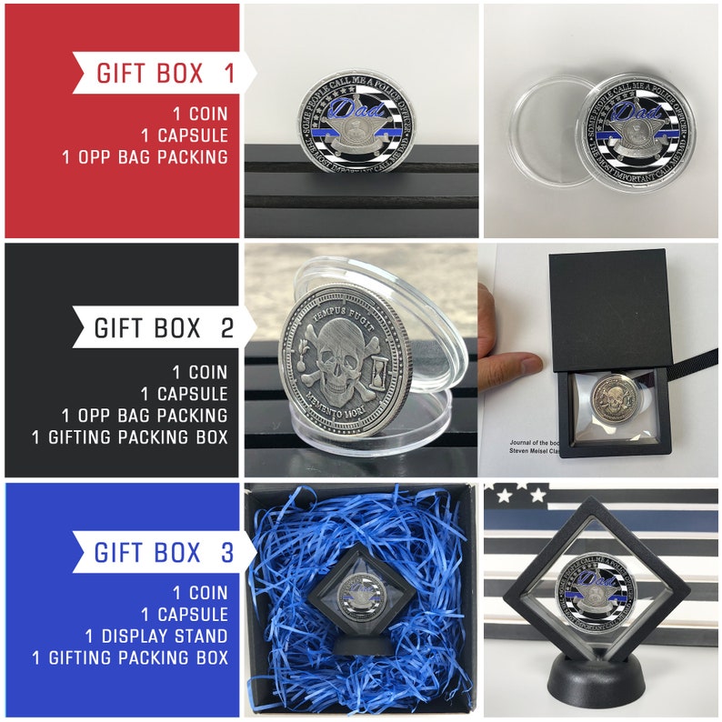 May include: Three gift box options for a coin. Gift box 1 includes a coin, capsule, and OPP bag packing. Gift box 2 includes a coin, capsule, OPP bag packing, and a gifting packing box. Gift box 3 includes a coin, capsule, display stand, and a gifting packing box.