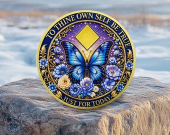 Blue Butterfly Challenge Coin  AA Sober Chip -Daily Sober Medallions One Day at a Time Gifts for Men & Women