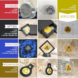 May include: A variety of display options for a coin. The options include a standard acrylic case, a gift box, a display stand, and a keychain holder. Each option includes a coin, a capsule, and packaging.