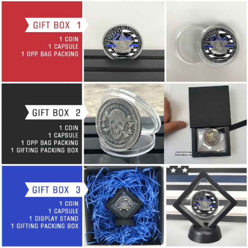 K&ouml;nnte beinhalten: Drei Geschenkbox-Optionen f&uuml;r eine M&uuml;nze. Geschenkbox 1 enth&auml;lt eine M&uuml;nze, eine Kapsel und eine OPP-Beutelverpackung. Geschenkbox 2 enth&auml;lt eine M&uuml;nze, eine Kapsel, eine OPP-Beutelverpackung und eine Geschenkbox. Geschenkbox 3 enth&auml;lt eine M&uuml;nze, eine Kapsel, einen Pr&auml;sentationsst&auml;nder und eine Geschenkbox.