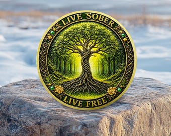 Live Sober, Live Free Challenge Coin – Tree of Life & Serenity Prayer Recovery Gift