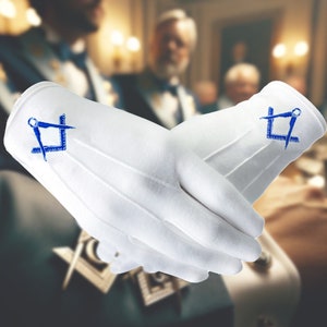 Rękawice masońskie Blue Lodge Square and Compass Haftowane symbole 100% bawełniane | Rękawice na ceremonię spotkania wolnomularstwa