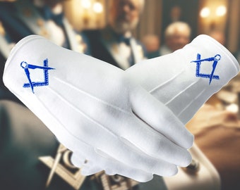 Masonic Craft Gloves 100% Cotton White With Blue SQ And Compass - Foto 2