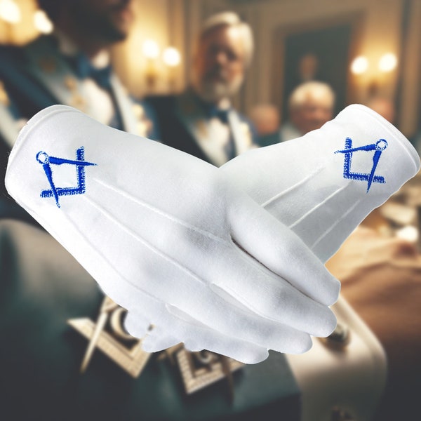 Blue Lodge Masonic Gloves Square and Compass Embroidered Symbol 100% Cotton Gloves | Freemasonry Regalia Ceremony Meeting Gloves