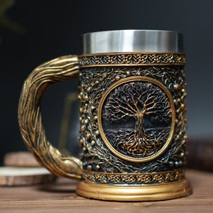 Yggdrasil Tree of Life Tankard - Viking Stainless Steel Beer Mug - Tankard Coffee Tea Cup - Medieval Wikinger Celtic Mug - Gifts for men