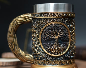 Yggdrasil Tree of Life Tankard - Viking Stainless Steel Beer Mug - Tankard Coffee Tea Cup - Medieval Wikinger Celtic Mug - Gifts for men