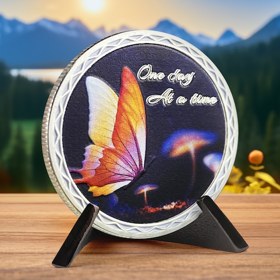 Butterfly Sobriety Coin - One Day at A Time Sobriety Chip - Sobriety Gift for Women Men - Serenity Prayer Pocket Token - Recovery Gifts