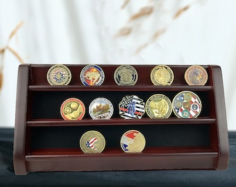 3 Floors Collectibles Coin Display Stand - Up to 21 Coins Wooden Rack Holder for Sobriety/Stoicism Milestone Coins with Wall-Hang Brackets